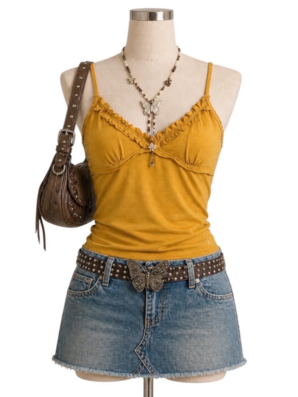 Vintage So Womens Y2K Babydoll Ruffle Trim Cami Size S Yellow Preppy 90s‎ Fitted